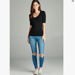 Women's Basic Elbow Sleeve V-Neck